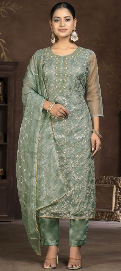 Festive, Party Wear Green color Salwar Kameez in Organza Silk fabric with Straight Embroidered, Sequence, Thread work : 1930562