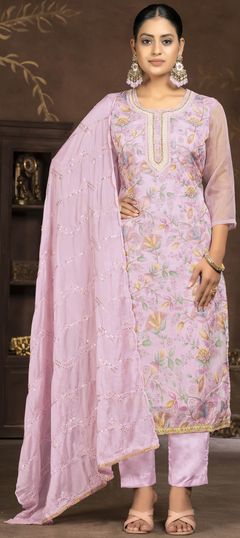 Pink and Majenta color Salwar Kameez in Organza Silk fabric with Embroidered, Printed, Thread work