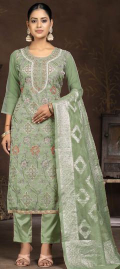 Green color Salwar Kameez in Organza Silk fabric with Embroidered, Printed, Thread work
