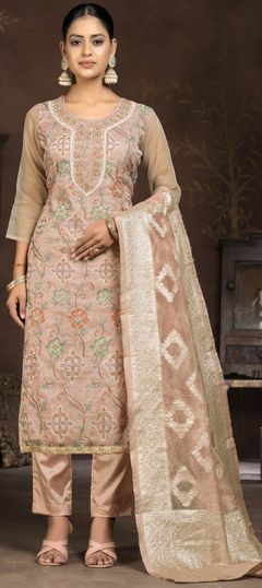 Pink and Majenta color Salwar Kameez in Organza Silk fabric with Embroidered, Printed, Thread work