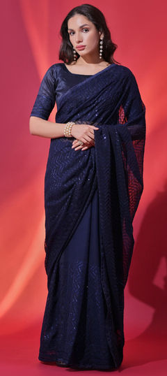 Blue color Saree in Georgette fabric with Embroidered, Sequence work