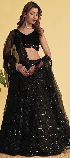 Reception, Wedding Black and Grey color Lehenga in Organza Silk fabric with Flared Embroidered, Sequence, Thread work : 1930738