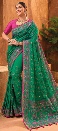 Green color Saree in Banarasi Silk fabric with Cut Dana, Mirror, Moti work