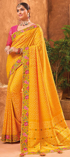 Yellow color Saree in Banarasi Silk fabric with Cut Dana, Mirror, Moti work