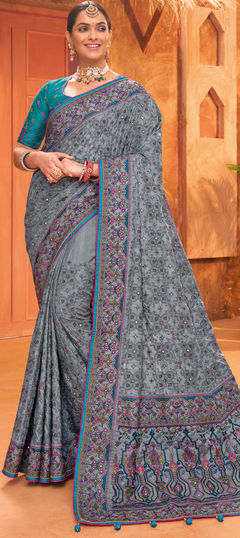 Black and Grey color Saree in Banarasi Silk fabric with Cut Dana, Mirror, Moti work