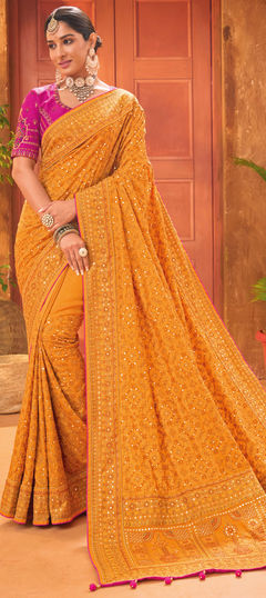 Bridal, Traditional, Wedding Orange color Saree in Banarasi Silk fabric with South Cut Dana, Mirror, Moti work : 1930828