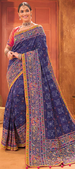 Blue color Saree in Banarasi Silk fabric with Cut Dana, Mirror, Moti work