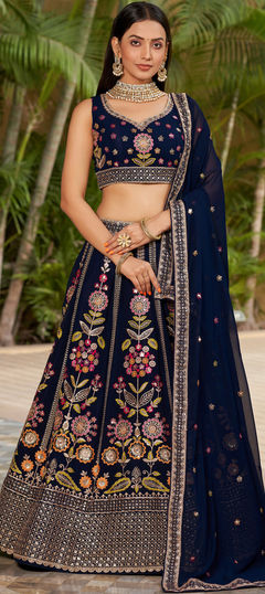 Engagement, Reception, Wedding Blue color Lehenga in Georgette fabric with Flared Embroidered, Sequence, Thread, Zari work : 1930972