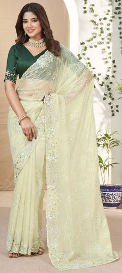 Beige and Brown color Saree in Organza Silk fabric with Sequence, Thread work