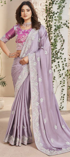 Purple and Violet color Saree in Silk fabric with Sequence, Thread work