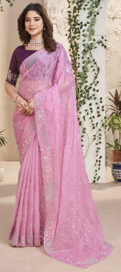 Pink and Majenta color Saree in Organza Silk fabric with Sequence, Thread work