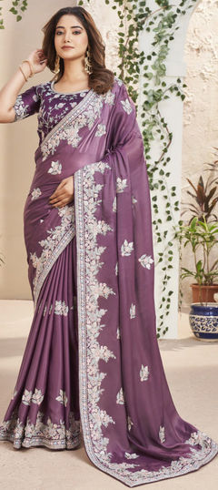 Purple and Violet color Saree in Satin Silk fabric with Sequence, Thread work