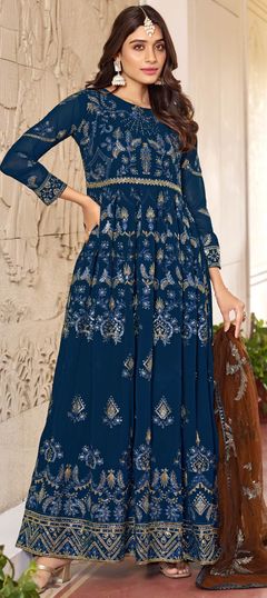 Blue color Salwar Kameez in Faux Georgette fabric with Embroidered, Sequence, Thread, Zari work