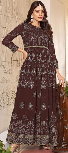 Beige and Brown color Salwar Kameez in Faux Georgette fabric with Embroidered, Sequence, Thread, Zari work