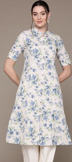 Blue, White and Off White color Kurti in Cotton fabric with Floral, Printed work