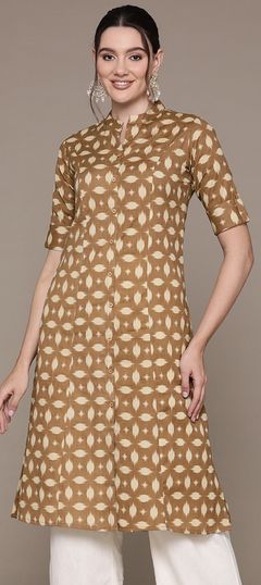 Beige and Brown color Kurti in Cotton fabric with Printed work