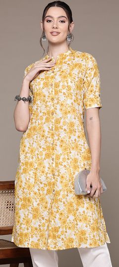 White and Off White, Yellow color Kurti in Cotton fabric with Floral, Printed work