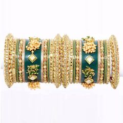 Gold Rodium Polish Green color Bangles in Metal Alloy studded with Kundan, Pearl