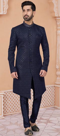 Party Wear Blue color IndoWestern Dress in Jacquard fabric with Zari work : 1931191