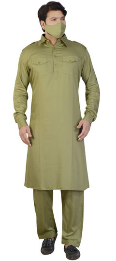 Green color Pathani Suit in Satin Silk fabric with Thread work