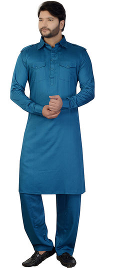 Blue color Pathani Suit in Satin Silk fabric with Thread work