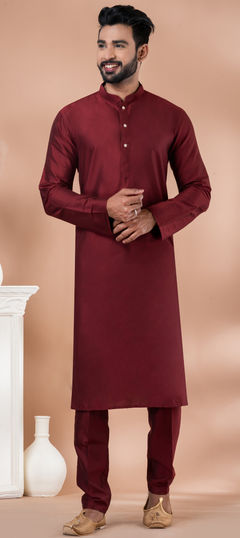 Red and Maroon color Kurta Pyjamas in Viscose fabric with Thread work