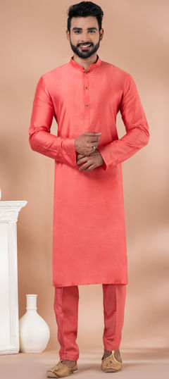 Orange color Kurta Pyjamas in Viscose fabric with Thread work