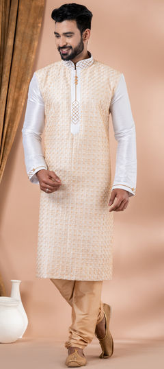 White and Off White color Kurta Pyjamas in Dupion Silk fabric with Embroidered, Thread work