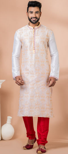 White and Off White color Kurta Pyjamas in Dupion Silk fabric with Embroidered, Thread work