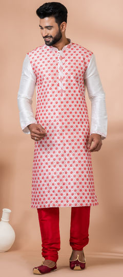 White and Off White color Kurta Pyjamas in Dupion Silk fabric with Embroidered, Thread work