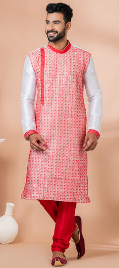 White and Off White color Kurta Pyjamas in Dupion Silk fabric with Embroidered, Thread work