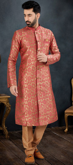 Pink and Majenta color Sherwani in Banarasi Silk, Jacquard fabric with Thread, Zari work
