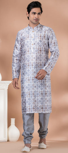 Black and Grey color Kurta Pyjamas in Dupion Silk fabric with Digital Print work