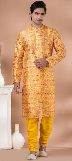 Yellow color Kurta Pyjamas in Dupion Silk fabric with Digital Print work