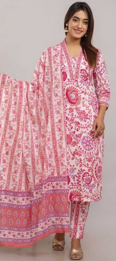 Festive, Summer Pink and Majenta, White and Off White color Salwar Kameez in Cotton fabric with Straight Lace, Printed work : 1931394