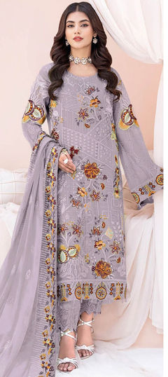 Purple and Violet color Salwar Kameez in Faux Georgette fabric with Embroidered, Sequence, Thread work