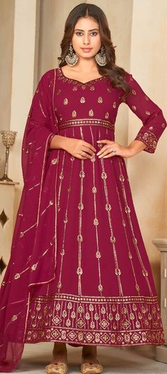 Pink and Majenta color Salwar Kameez in Georgette fabric with Embroidered, Thread work