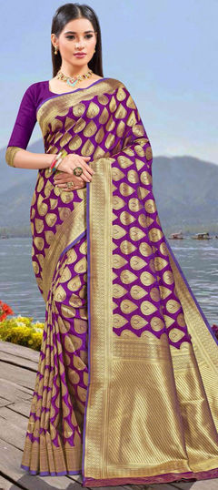 Purple and Violet color Saree in Banarasi Silk, Silk fabric with Weaving, Zari work