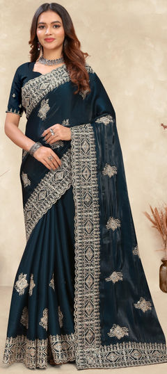 Blue color Saree in Crepe Silk fabric with Embroidered, Stone, Zircon work