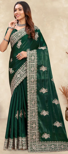 Green color Saree in Crepe Silk fabric with Embroidered, Stone, Zircon work