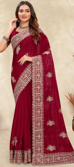 Red and Maroon color Saree in Crepe Silk fabric with Embroidered, Stone, Zircon work