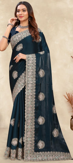 Blue color Saree in Crepe Silk fabric with Embroidered, Stone, Zircon work