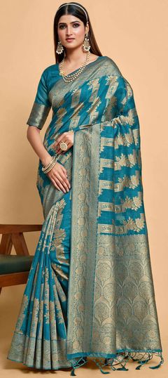 Bridal, Traditional, Wedding Blue color Saree in Banarasi Silk fabric with South Thread, Zari work : 1931505