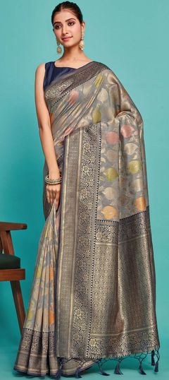 Black and Grey color Saree in Uppada Silk fabric with Thread, Zari work