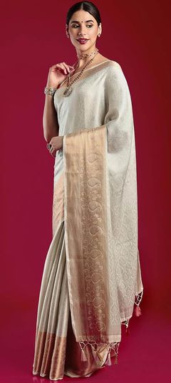 White and Off White color Saree in Kanjeevaram Silk fabric with Thread, Zari work