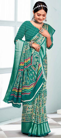 Green color Saree in Art Silk, Silk fabric with Printed, Weaving work