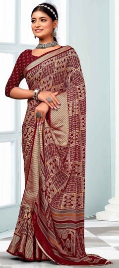 Red and Maroon color Saree in Art Silk, Silk fabric with Printed, Weaving work