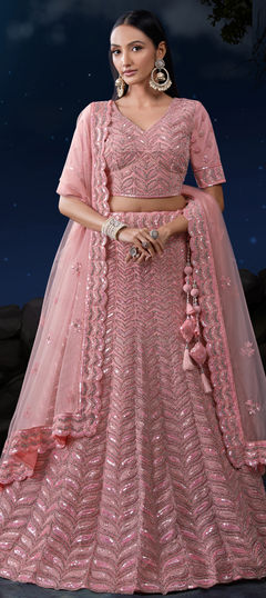 Bridal, Wedding Pink and Majenta color Lehenga in Net fabric with Flared Embroidered, Sequence, Thread, Zircon work : 1931601