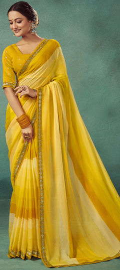 Yellow color Saree in Chiffon fabric with Lace work