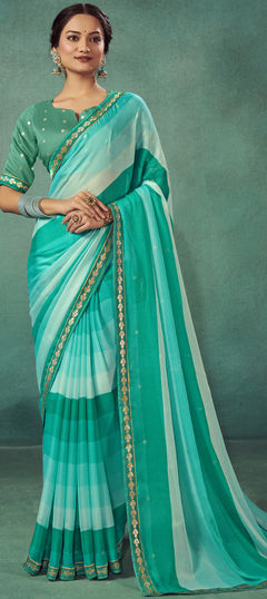 Blue color Saree in Chiffon fabric with Lace work